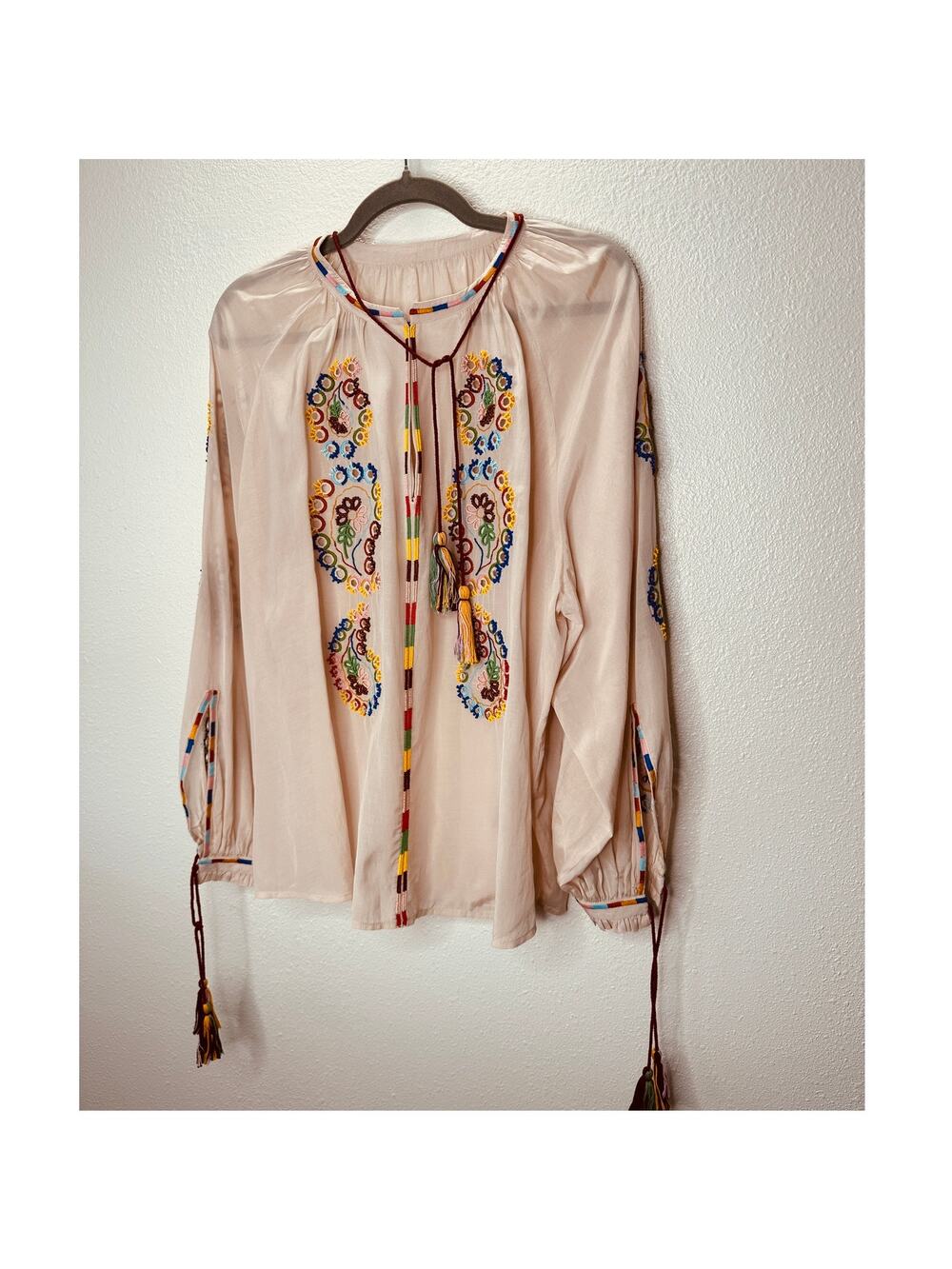 Fortela Ghodsi Tan Multicolor Beade Embroider Print Peasant Blouse 40